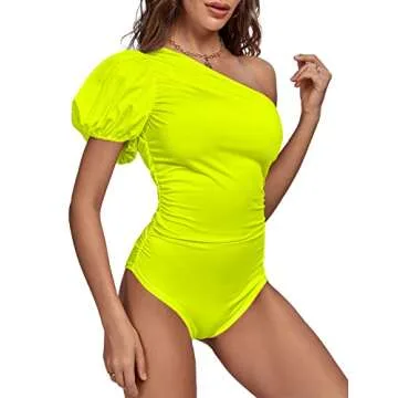 Stylish One Shoulder Ruched Puff Sleeve Bodysuit