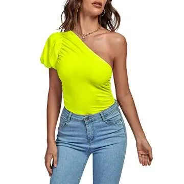 Stylish One Shoulder Ruched Puff Sleeve Bodysuit