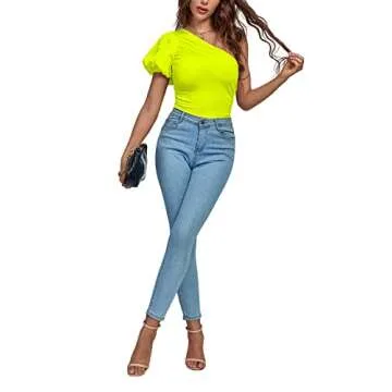 Stylish One Shoulder Ruched Puff Sleeve Bodysuit