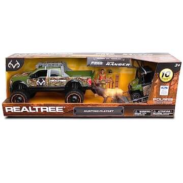 NKOK Realtree 1/18 Scale Free-Wheel Playsets 10-PC Set, RT Ford F-250 Super Duty w/ Polaris Ranger on Trailer & Accessories (Roof Rack, Hunter, Helmet, Game Hoist, Roll Bar, Elk, Bow&Arrows)