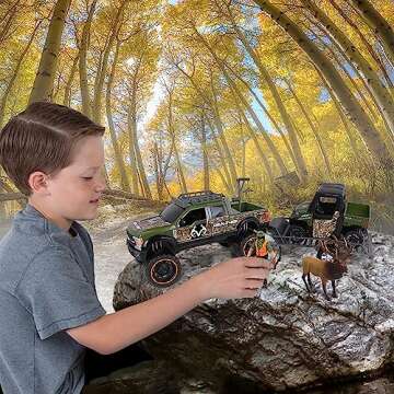 NKOK Realtree 1/18 Scale Free-Wheel Playsets 10-PC Set, RT Ford F-250 Super Duty w/ Polaris Ranger on Trailer & Accessories (Roof Rack, Hunter, Helmet, Game Hoist, Roll Bar, Elk, Bow&Arrows)