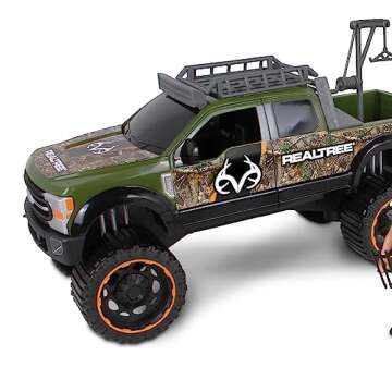 NKOK Realtree 1/18 Scale Free-Wheel Playsets 10-PC Set, RT Ford F-250 Super Duty w/ Polaris Ranger on Trailer & Accessories (Roof Rack, Hunter, Helmet, Game Hoist, Roll Bar, Elk, Bow&Arrows)
