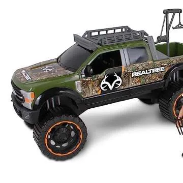 NKOK Realtree 1/18 Scale Free-Wheel Playsets 10-PC Set, RT Ford F-250 Super Duty w/ Polaris Ranger on Trailer & Accessories (Roof Rack, Hunter, Helmet, Game Hoist, Roll Bar, Elk, Bow&Arrows)