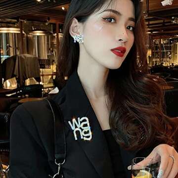 Rhinestone Brooches Crystal Wang Letter Brooch Pin Badge Shawl Pins Earrings Jewelry for Women Girls Accessories