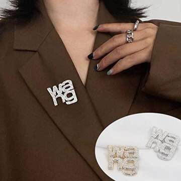 Rhinestone Brooches Crystal Wang Letter Brooch Pin Badge Shawl Pins Earrings Jewelry for Women Girls Accessories