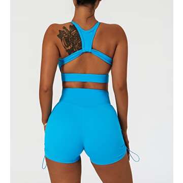 ABOCIW Workout Sets for Women, Sexy High Neck Twisted Multis Strap Sport Bra V Cross Waist Ruched High Waist Mini Shorts 2 Piece Gym Yoga Outfits Tracksuit Activewear 05 Blue Small