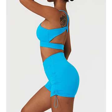 ABOCIW Workout Sets for Women, Sexy High Neck Twisted Multis Strap Sport Bra V Cross Waist Ruched High Waist Mini Shorts 2 Piece Gym Yoga Outfits Tracksuit Activewear 05 Blue Small
