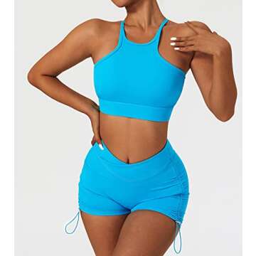 ABOCIW Workout Sets for Women, Sexy High Neck Twisted Multis Strap Sport Bra V Cross Waist Ruched High Waist Mini Shorts 2 Piece Gym Yoga Outfits Tracksuit Activewear 05 Blue Small