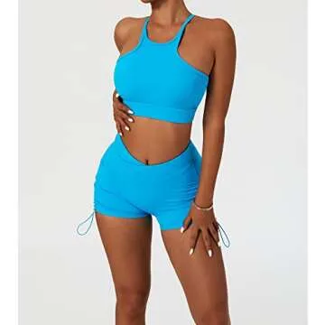 ABOCIW Workout Sets for Women, Sexy High Neck Twisted Multis Strap Sport Bra V Cross Waist Ruched High Waist Mini Shorts 2 Piece Gym Yoga Outfits Tracksuit Activewear 05 Blue Small