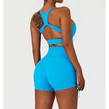 ABOCIW Workout Sets for Women, Sexy High Neck Twisted Multis Strap Sport Bra V Cross Waist Ruched High Waist Mini Shorts 2 Piece Gym Yoga Outfits Tracksuit Activewear 05 Blue Small