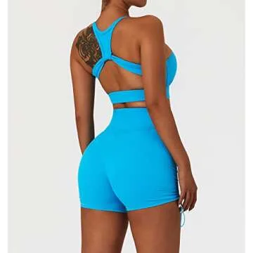 ABOCIW Workout Sets for Women, Sexy High Neck Twisted Multis Strap Sport Bra V Cross Waist Ruched High Waist Mini Shorts 2 Piece Gym Yoga Outfits Tracksuit Activewear 05 Blue Small