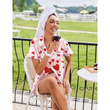 Ekouaer Womens Silk Satin Pajamas Sets 2 Piece Short Sleeve Sleepwear Button Down Top and Shorts Pjs Lounge Wear Sets Heart Printed, M