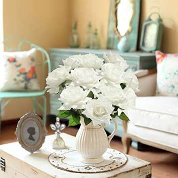 DIGIROOT Artificial Flowers Fake Rose, 12pcs Real Touch Silk Rose Flowers DIY for Wedding, Party and Home Decoration, White