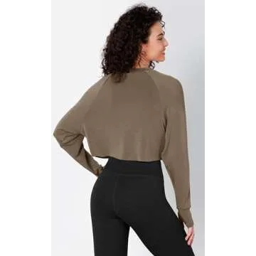 ODODOS Modal Soft Long Sleeve Cropped Sweatshirts with Thumb Hole for Women Crew Neck Pullover Crop Top, Espresso, X-Large