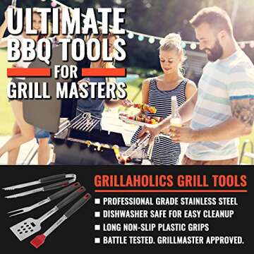 Grillaholics BBQ Grill Tools Set - 4-Piece Heavy Duty Stainless Steel Barbecue Grilling Utensils - P...