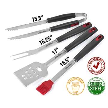 Grillaholics BBQ Grill Tools Set - 4-Piece Heavy Duty Stainless Steel Barbecue Grilling Utensils - Premium Grill Accessories for Barbecue - Spatula, Tongs, Fork, and Basting Brush (Grey)