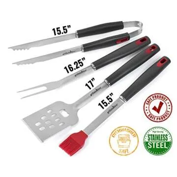 Grillaholics BBQ Grill Tools Set - 4-Piece Heavy Duty Stainless Steel Barbecue Grilling Utensils - Premium Grill Accessories for Barbecue - Spatula, Tongs, Fork, and Basting Brush (Grey)