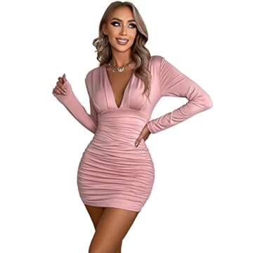 Halife Long Sleeve Mini Dress for Women Sexy Pink Ruched Bodycon Dress Flattering Short Dresses Small