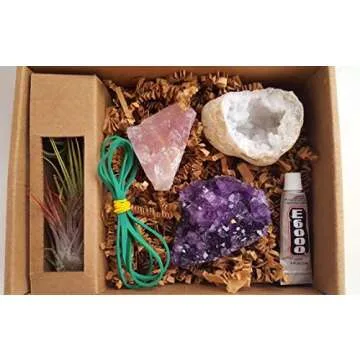 3 Pcs Tillandsia Air Plant Crystals Kit/Lot Includes Amethyst Cluster, Rose Quartz, and Crystal Geode/Terrarium Fairy Garden Stones + Kraft Gift Box