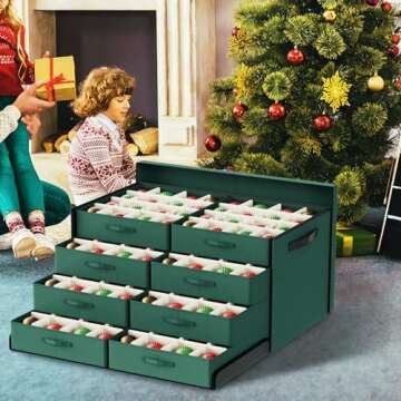 Beainbox Ornament Storage Box - 128-3" Christmas Ornaments Organizer Storage Box, Holiday Ornament Storage Container Bag with 8 Stackable Trays
