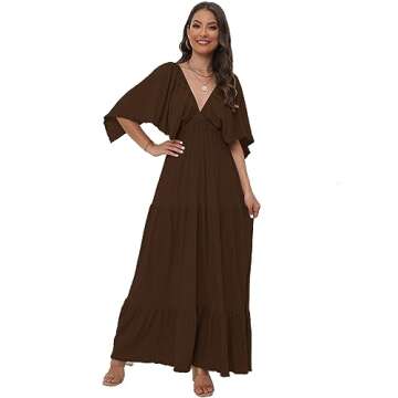 Women's Summer V-Neck, Tiered Silhouette with Flutter Sleeves Maxi Dress (as1, Alpha, s, Regular, Regular, Coffee)