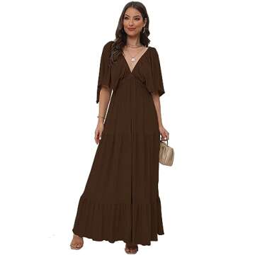 Women's Summer V-Neck, Tiered Silhouette with Flutter Sleeves Maxi Dress (as1, Alpha, s, Regular, Regular, Coffee)