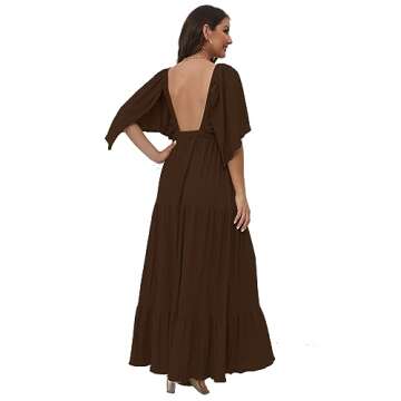 Women's Summer V-Neck, Tiered Silhouette with Flutter Sleeves Maxi Dress (as1, Alpha, s, Regular, Regular, Coffee)
