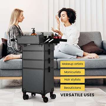 VIVOHOME 4 in 1 Makeup Rolling Train Case Aluminum Trolley Professional Cosmetic Organizer Box with Shoulder Straps 2 Keys Black(Cosmetic are not included)
