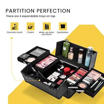 VIVOHOME 4 in 1 Makeup Rolling Train Case Aluminum Trolley Professional Cosmetic Organizer Box with Shoulder Straps 2 Keys Black(Cosmetic are not included)