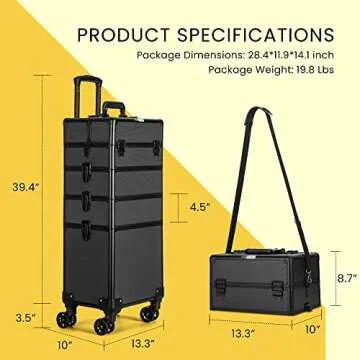 VIVOHOME 4 in 1 Makeup Rolling Train Case Aluminum Trolley Professional Cosmetic Organizer Box with Shoulder Straps 2 Keys Black(Cosmetic are not included)