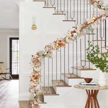 Artiflr Fall Garland Maple Leaf Decoration, Hanging Vine Garland Artificial Autumn Foliage Garland Thanksgiving Decor for Home Wedding Fireplace Party Christmas (White)