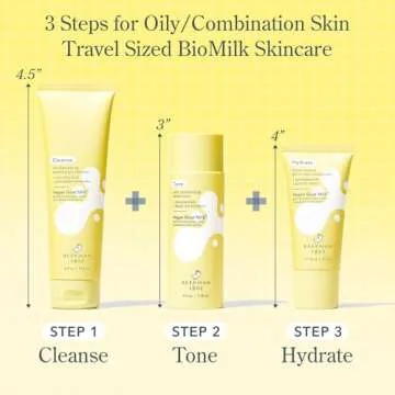 Beekman 1802 Oily + Combination Skin 3-Step Kit - Non-Comedogenic - Travel Size - Cleanses & Improves Skin Barrier - With BioMilk, 1% Heptapeptide & 2% Niacinamide - Good for Sensitive Skin