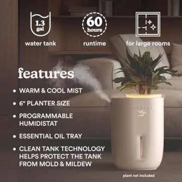 Homedics Natura Ultrasonic Warm & Cool Mist Humidifier, 1.3-Gal for Large Rooms, 60-Hr Runtime, Plant Holder, Programmable Humidity, Auto Shutoff, Nightlight Small Plant Compatible(Plant Not Included)
