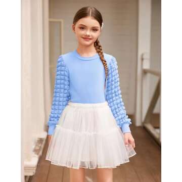 Arshiner Girls Puff Long Sleeve Shirts Ribbed Knit Cute Casual Crewneck Tops Blouse Tee