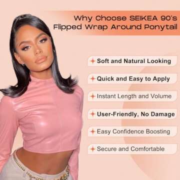 SEIKEA 16" Flipped Ponytail Extension Smooth Tangle-Resistant 90's Retro Wrap Around Pony Tail Hair Extensions Natural Soft Clip in Hair Extensions Ponytail Synthetic Fake Hairpiece, Black Brown
