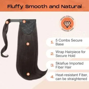 SEIKEA 16" Flipped Ponytail Extension Smooth Tangle-Resistant 90's Retro Wrap Around Pony Tail Hair Extensions Natural Soft Clip in Hair Extensions Ponytail Synthetic Fake Hairpiece, Black Brown