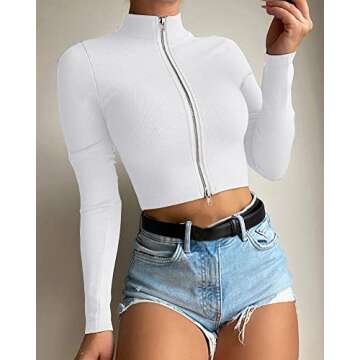 Artfish Women Long Sleeve Turtleneck Ribbed Crop Top Zipper Sexy Cropped Fitted Shirts White, S