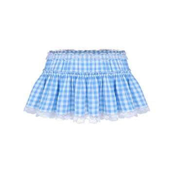 YOOJIA Women Men Pleated Gingham Lace Hem A-line Mini Skirt Anime Cosplay Short Skirt Lingerie Fancy Dress Light Blue#A X-Small