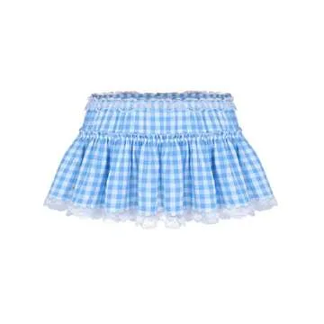 YOOJIA Women Men Pleated Gingham Lace Hem A-line Mini Skirt Anime Cosplay Short Skirt Lingerie Fancy Dress Light Blue#A X-Small