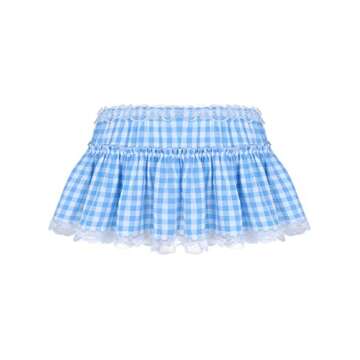 YOOJIA Women Men Pleated Gingham Lace Hem A-line Mini Skirt Anime Cosplay Short Skirt Lingerie Fancy Dress Light Blue#A X-Small