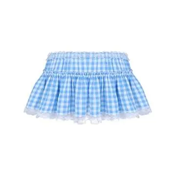 YOOJIA Women Men Pleated Gingham Lace Hem A-line Mini Skirt Anime Cosplay Short Skirt Lingerie Fancy Dress Light Blue#A X-Small