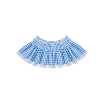 YOOJIA Women Men Pleated Gingham Lace Hem A-line Mini Skirt Anime Cosplay Short Skirt Lingerie Fancy Dress Light Blue#A X-Small
