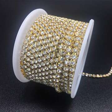 Dowarm 1 Roll 10 Yards Rhinestone Chain, Crystal Rhinestones Close Chain, Sew on Crystal Rhinstone Chain Trim, Crystal Claw Cup Chain Roll (Gold, SS6 2MM)