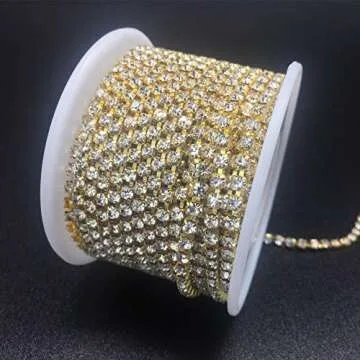 Dowarm 1 Roll 10 Yards Rhinestone Chain, Crystal Rhinestones Close Chain, Sew on Crystal Rhinstone Chain Trim, Crystal Claw Cup Chain Roll (Gold, SS6 2MM)