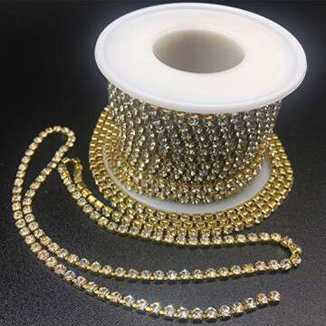 Dowarm 1 Roll 10 Yards Rhinestone Chain, Crystal Rhinestones Close Chain, Sew on Crystal Rhinstone Chain Trim, Crystal Claw Cup Chain Roll (Gold, SS6 2MM)