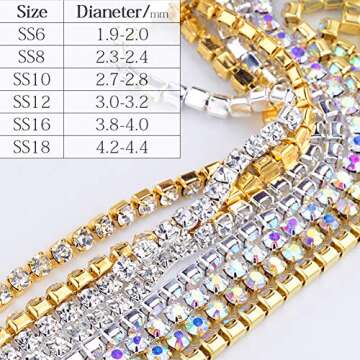 Dowarm 1 Roll 10 Yards Rhinestone Chain, Crystal Rhinestones Close Chain, Sew on Crystal Rhinstone Chain Trim, Crystal Claw Cup Chain Roll (Gold, SS6 2MM)