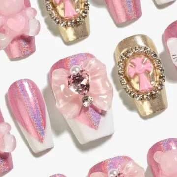 Sun&Beam Nails Handmade Press-on Nails Short Coffin Ballerina Pink White Design False Tips 10Pcs (#112 XS)