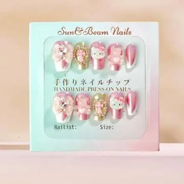 Sun&Beam Nails Handmade Press-on Nails Short Coffin Ballerina Pink White Design False Tips 10Pcs (#112 XS)