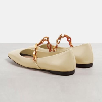 miss left Women Comfy Chain Strap Mary Janes Shoes Slip On Closed Square Toe Ballet Flats for Walking School Dressy Size 8 Creamy