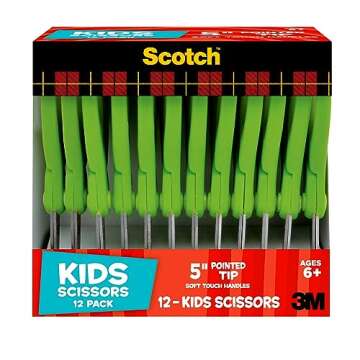 Scotch 5" Soft Touch Blunt Tip Kids Scissors, 12 Count Teacher’s Pack, Green, All-Purpose Scissors for School and Crafts (1442P-12)